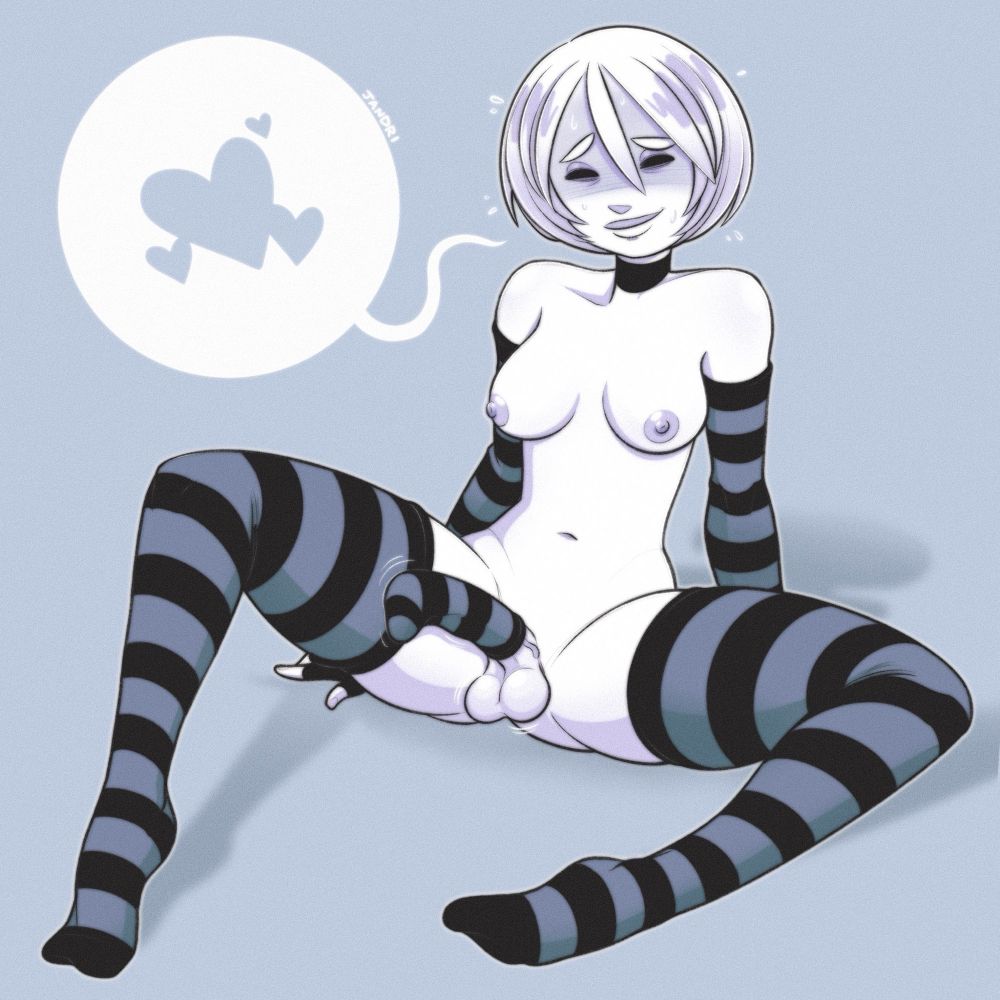 Olive sits on the floor, wearing matching striped socks up her legs, arms, and over her half-hard penis. Her legs are spread open, and her cock is bouncing softly as it gets harder and fills up the space inside the sock. 