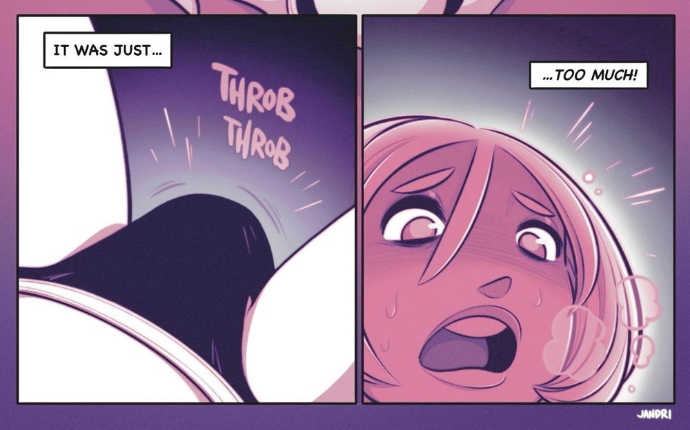 Panel 2: Her panties bulge outward, as a boner throbs beneath the fabric. 
Narration: It was just…
Panel 3: Olive, looking down at the mound between her legs. 
Narration: …Too much! 