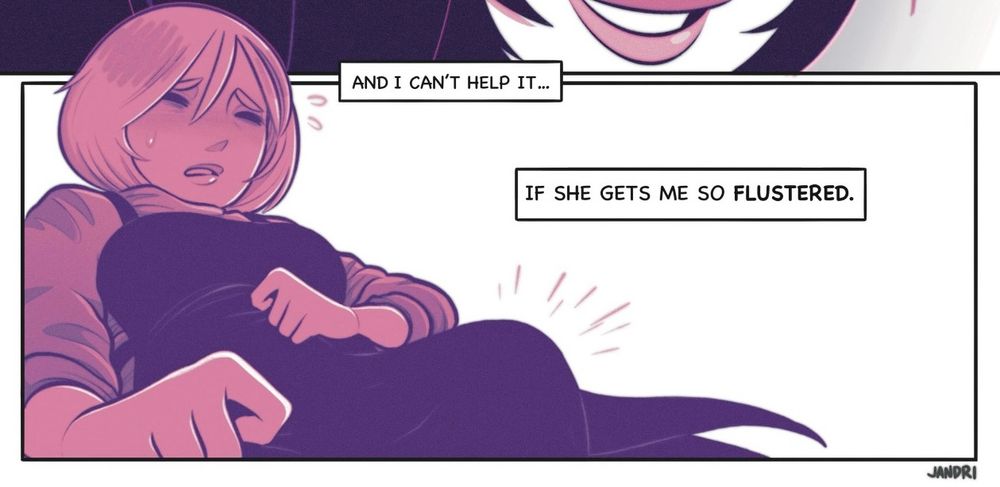 Panel 4: Olive tries to hold it together, as an erection forms a mound beneath her apron. 
Narration: And I can’t help it… if she gets me so flustered. 