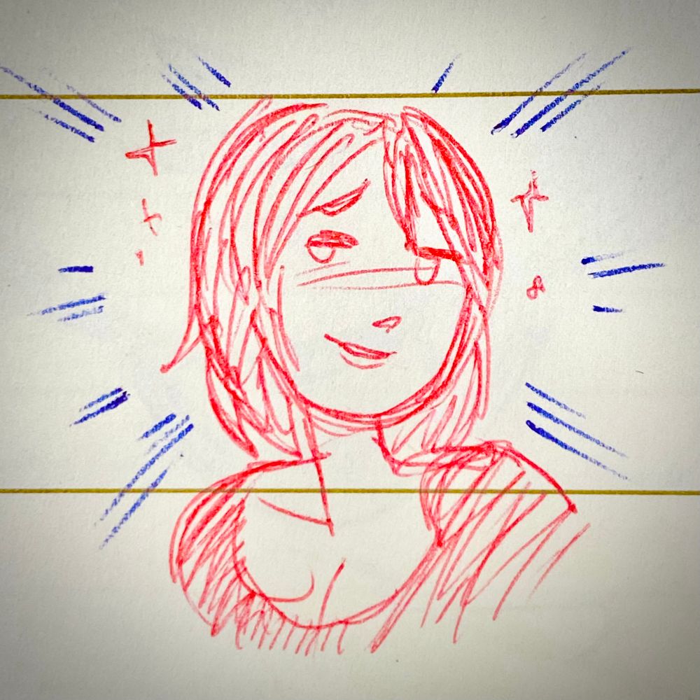 Brooke, rendering in red pen and smiling