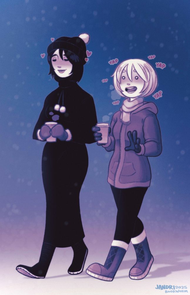 Brooke and Olive, bundled up in winter clothes while on a walk with some hot coffees. It's snowing lightly and Olive is excitedly explaining something nerdy, as Brooke listens with a loving expression. 