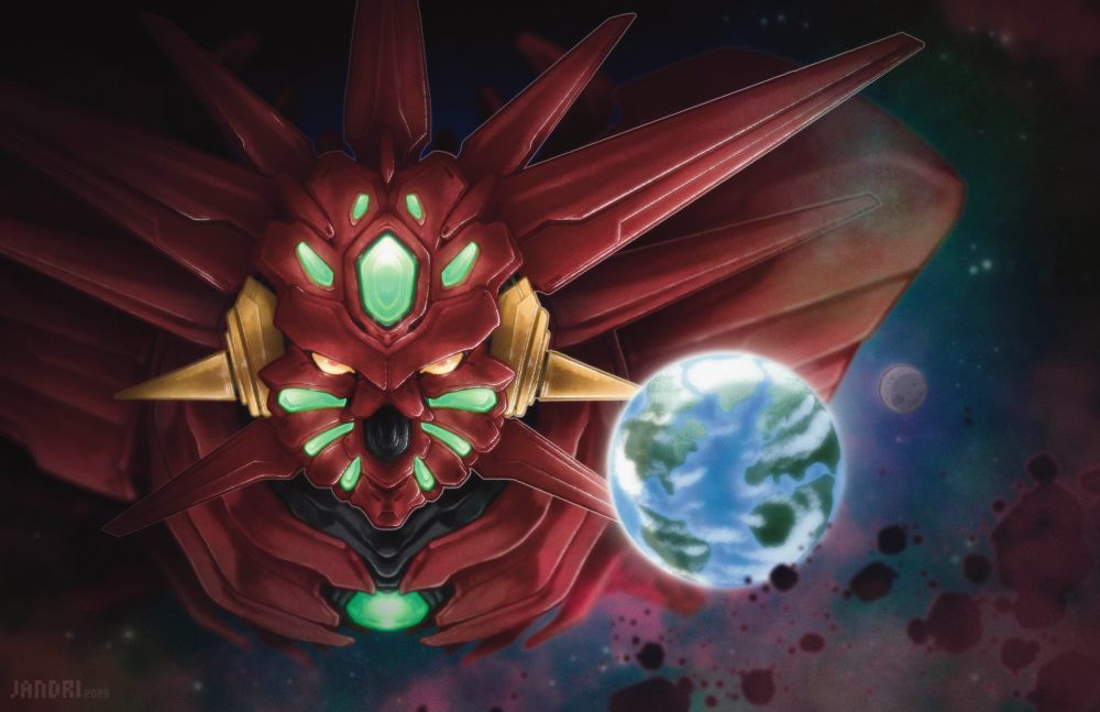 The massive face of a giant robot floating in the dusty void of space, completely overwhelming the planet earth in size