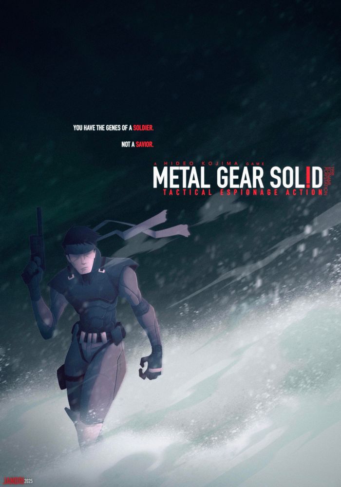 Solid Snake, brandishing a silenced SOCOM pistol and trekking through a snow bank being torn up by the wind. A faint silhouette of a hulking mechanical shape looms in the background. 

YOU HAVE THE GENES OF A SOLDIER. 
NOT A SAVIOR. 

A HIDEO KOJIMA GAME
METAL GEAR SOLID
TACTICAL ESPIONAGE ACTION

1998
KONAMI
PLAYSTATION