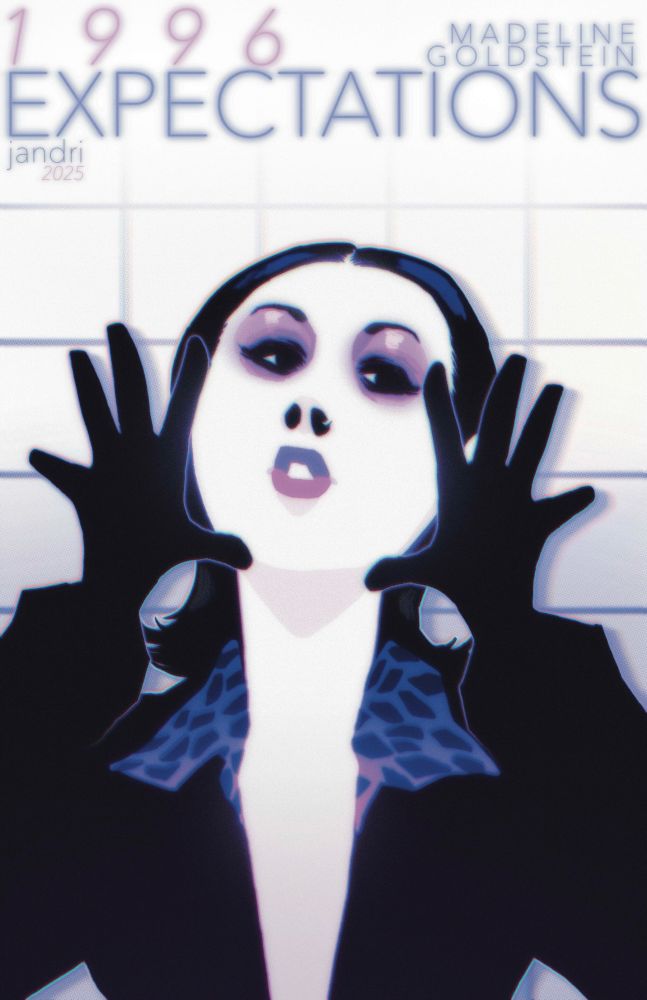 A woman dressed in all black holds her gloved hands up, framing her face against a white tile background. 

1996 EXPECTATIONS
MADELINE GOLDSTEIN