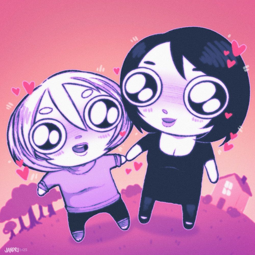 Tiny and squeezable chibi Olive and Brooke, holding hands outside and being in love.
