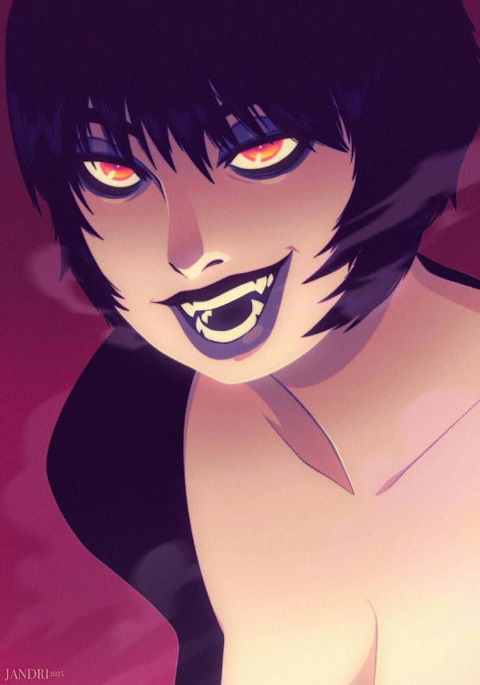 A lady vampire with short black hair leans forward and smiles at you, showing off her teeth. 
