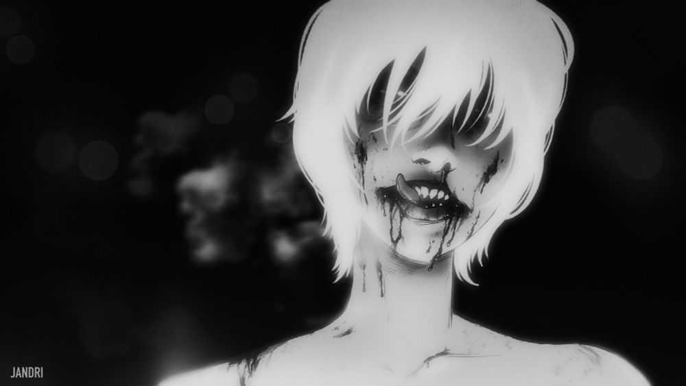 A vampire glows in the dark. A pointed tongue licks at their bloodied lips, revealing a row of sharp, uneven teeth. An alien glint peers through the messy hair draped across their eyes. 