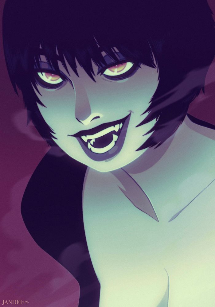 A lady vampire with short black hair leans forward and smiles at you, showing off her teeth. 