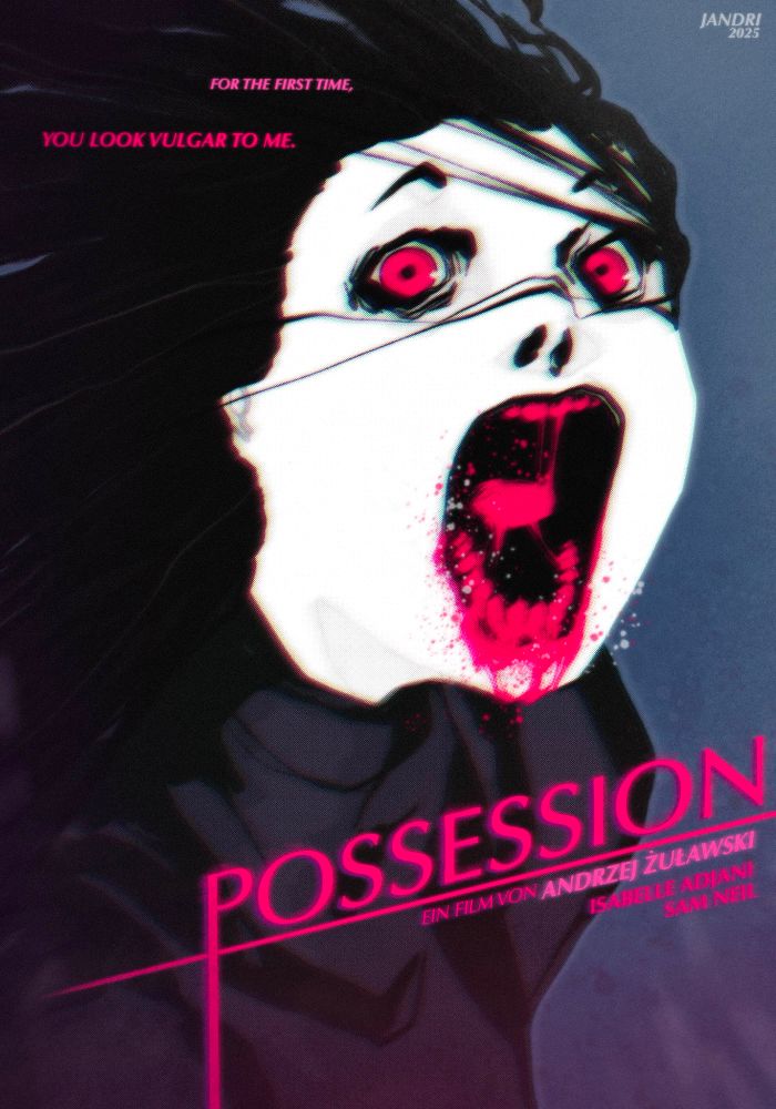A woman leans forward and shrieks wildly at the viewer, her teeth and tongue tainted with blood and drool. Her eyes burn blood red as strands of her long, billowing hair cross her face. Text reads: 

FOR THE FIRST TIME, 
YOU LOOK VULGAR TO ME. 

POSSESSION
A FILM BY ANDRZEJ ŻUŁAWSKI
ISABELLE ADJANI 
SAM NEIL
