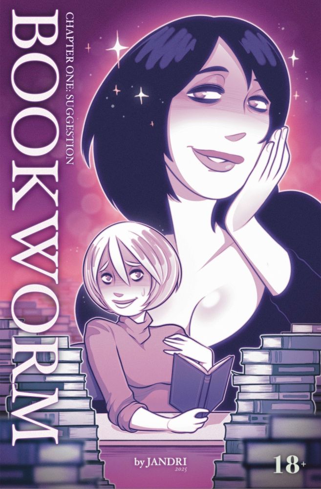 Cover for chapter 1 of BOOKWORM! 

Olive sits at the counter, surrounded by stacks of books. They look up from the novel in their hand, with a bashful look on their face. A sparkling Brooke dominates the background, gently resting a cheek in her hand as she softly smiles. 

BOOKWORM, CHAPTER 1: SUGGESTION

by JANDRI 