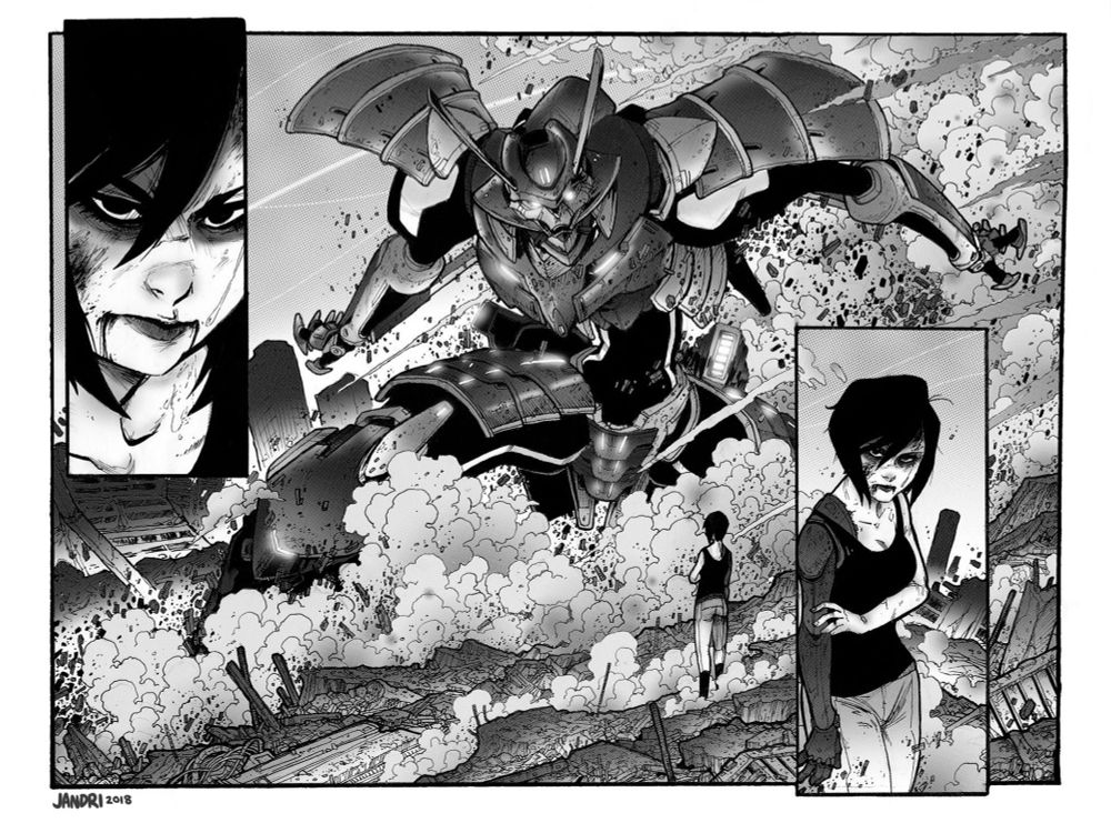 A two-page comic spread- an injured woman with a mechanical arm looks on with a gravely serious expression, as a giant, samurai-esque robot makes a landing in the wreckage of a destroyed city block.