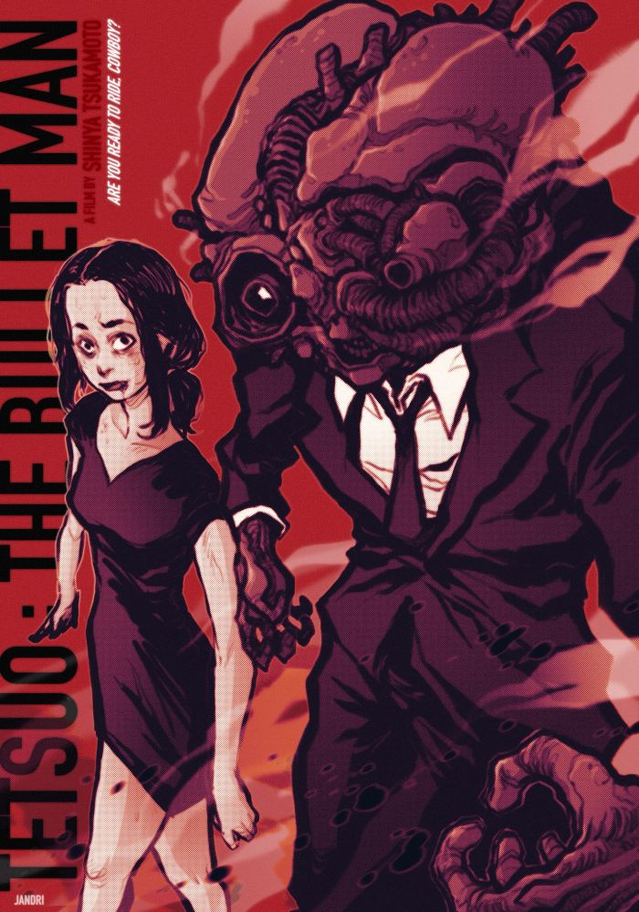 Poster for TETSUO: THE BULLET MAN (2009) dir. Shinya Tsukamoto. A worried woman in a black dress walks beside her husband, a grotesque, steaming metal monster bulging out of a salaryman’s suit. 