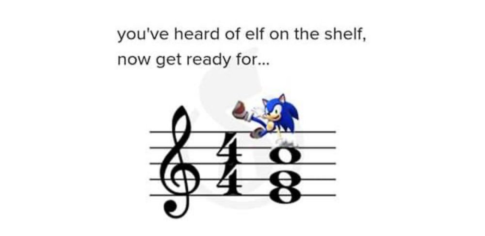 Notation eines C-Dur-Akkordes in der ersten Umkehrung, sodass das C, also die Tonika, ganz oben ist. Sonic stützt sich mit einer Hand darauf ab. 