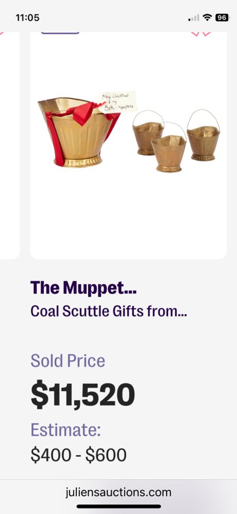 coal scuttle gifts from Scrooge to bookkeepers, props from A Muppet Christmas Carol, sold for $$11,520