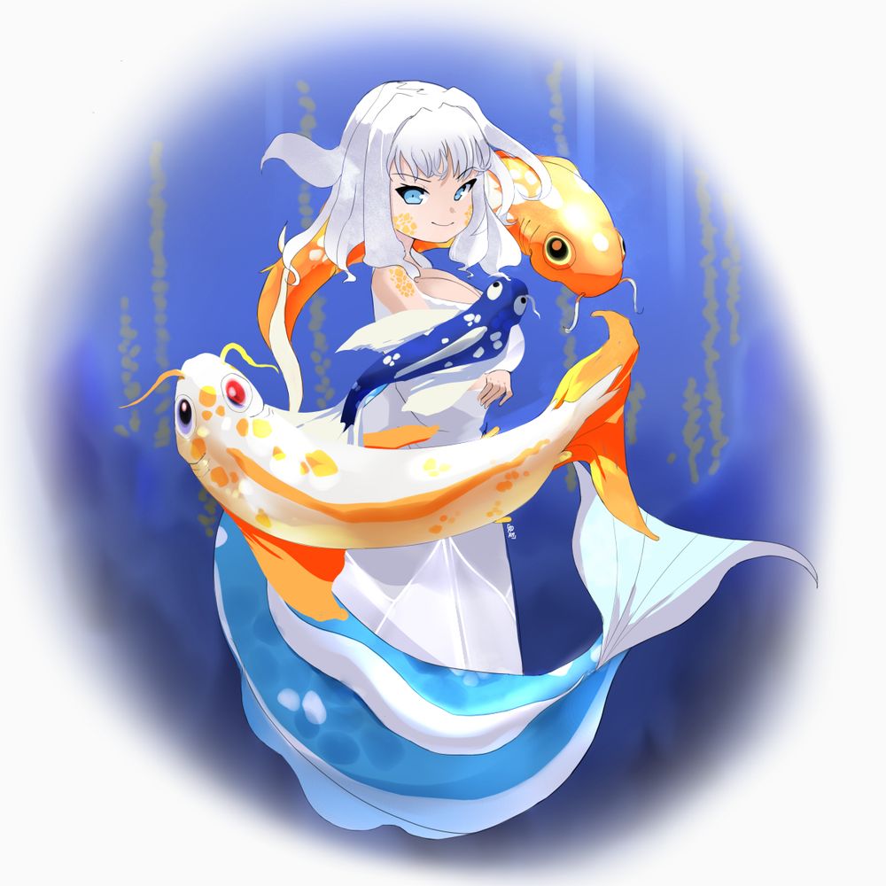 An image of a mermaid under the water surrounded by colourful fish in a deep blue ocean. She is smiling towards the viewer nestled in some rocks and sea plants