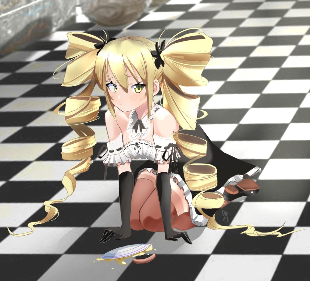 A maid with large blonde twin drills for hair drops your succulent bangers and mash meal