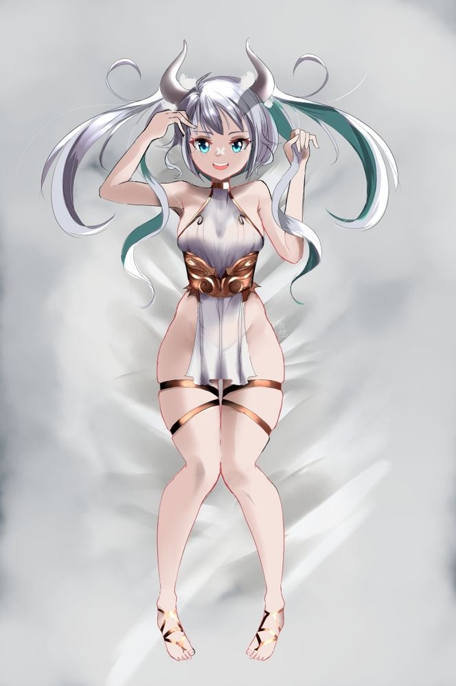 An illustration of a demon lady laid down on a bed, chat believes this is a body pillow when it clearly IS NOT
