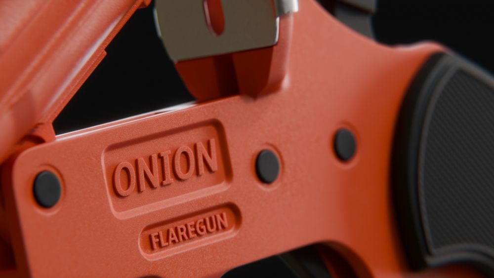 Closeup 3D rendering of a flaregun. The gun is made out of red plastic.