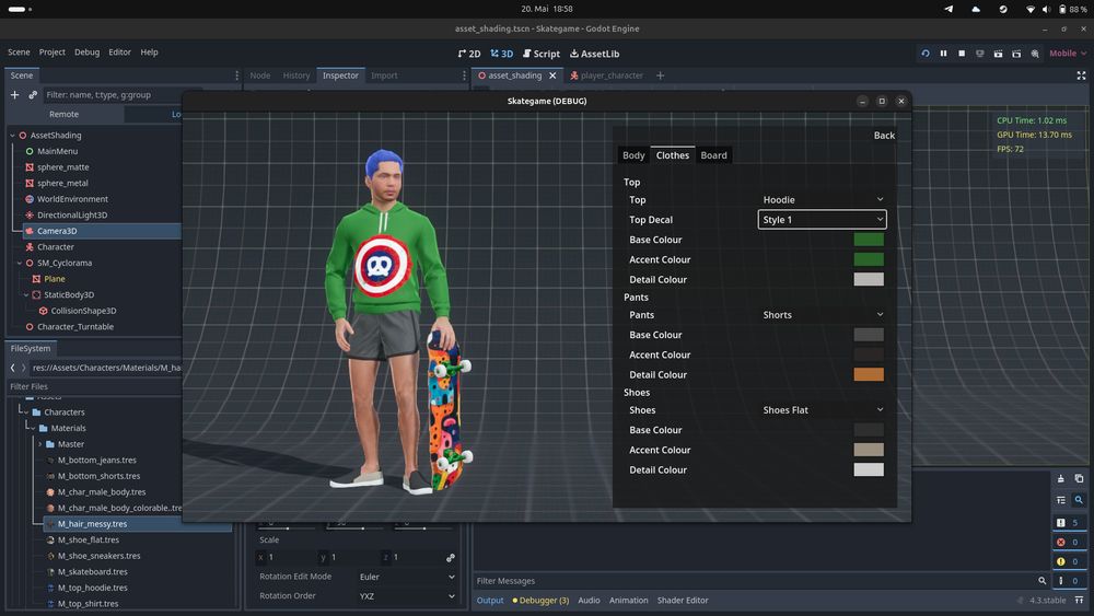 Godot editor with a character holding a skateboard. 