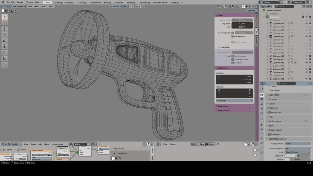 Screenshot of the blender user interface. In the middle is the wireframe of a toy gun with a rotor projectile.