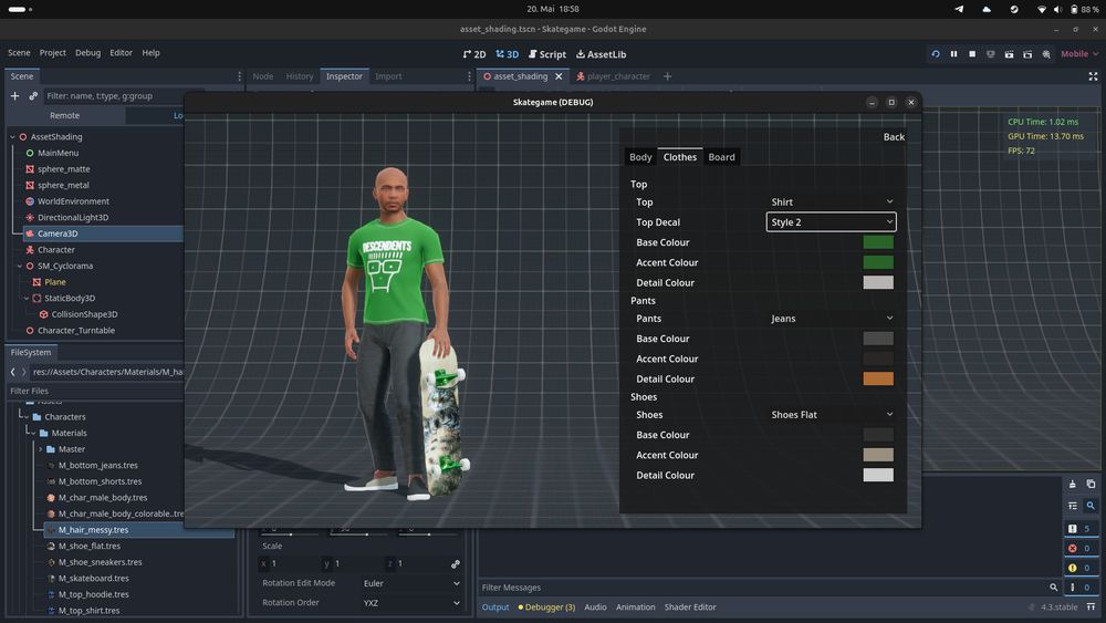 Godot editor with a character holding a skateboard. 