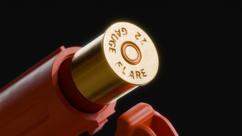 Closeup 3D rendering of a flaregun. The gun is made out of red plastic. The gun is opened and a bullet is inside of the barrel.