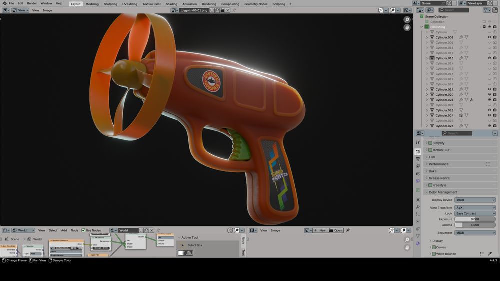 Screenshot of the blender user interface. In the middle the rendering of a toy gun with a rotor projectile.
