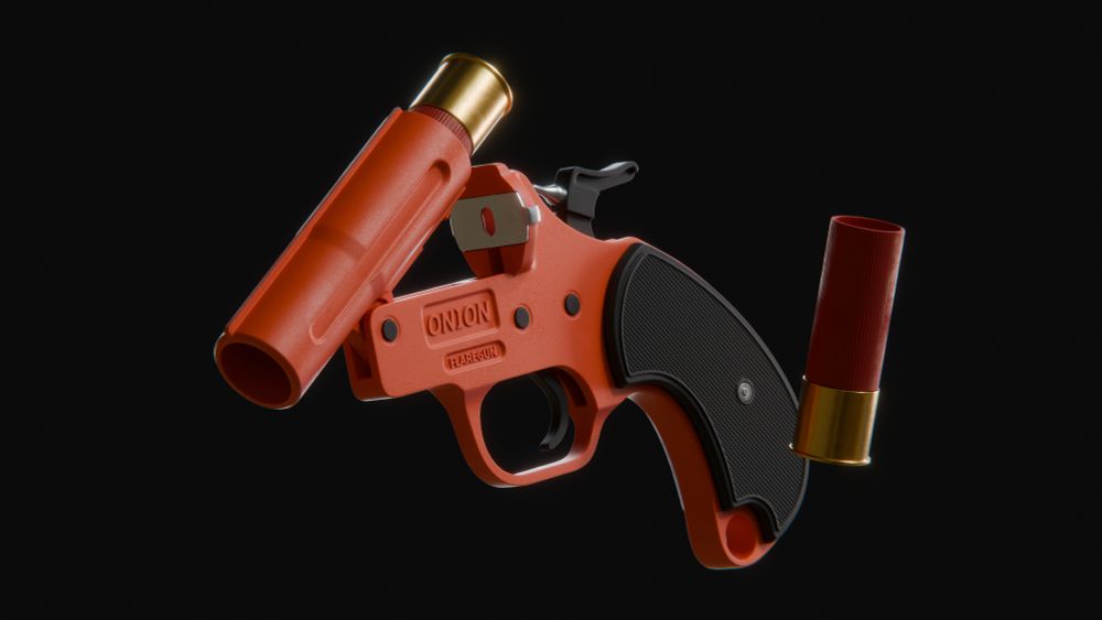 3D rendering of a flaregun. The gun is made out of red plastic. The gun is opened and a bullet is inside of the barrel.