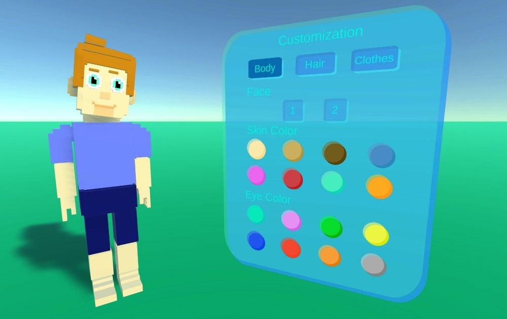 A voxel character being customized on the left side and a customization panel on the right side.