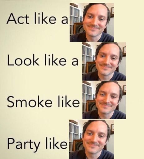 cream background with text that says act like a alongside a photo of elijah wood, look like a alongside a photo of elijah wood, smoke like a alongside a photo of elijah wood, party like a alongside a photo of elijah wood
