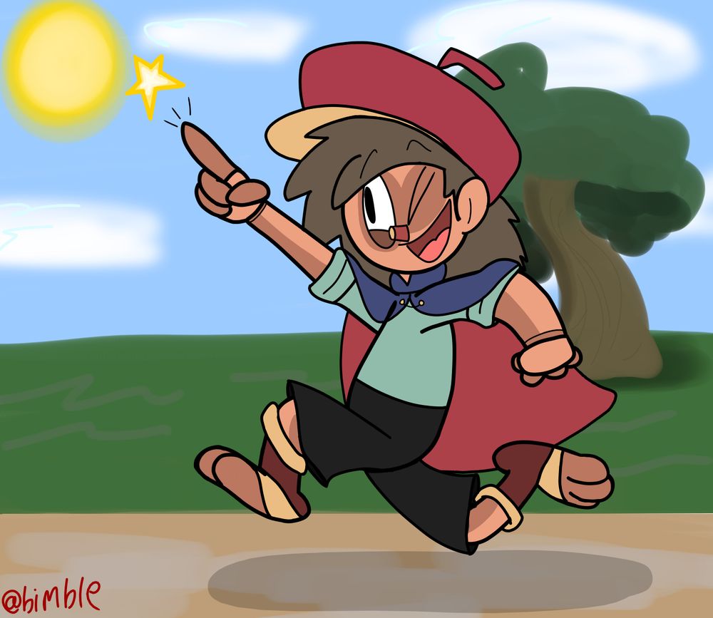 A bright and sunny afternoon scene of a chipper little living marionette walking along a well worn dirt path. The living puppet is wearing a little blocky red cap, a cape, a teal shirt, and black shorts. He proudly points a finger ahead, adventure is on his mind and all the mischief that comes with it!