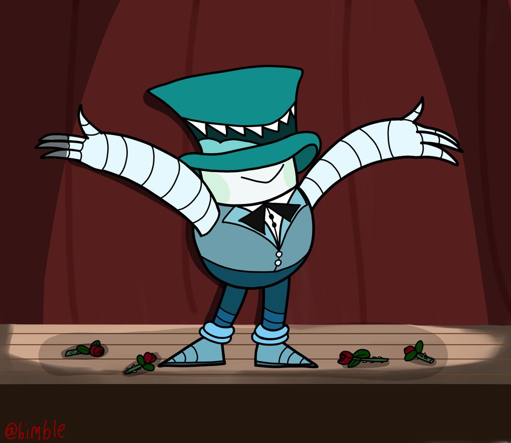 A small teal snazzy looking robotic individual is on a stage with a red curtain behind them. The spotlight is currently on them and they've seem to have garnered tons of praise as evidenced the roses at his feet. His large teal tophat also has a mouth full of very sharp teeth, it is currently open not because it's wishing to bite into anything but because he's utterly elated and smiling to the audience.