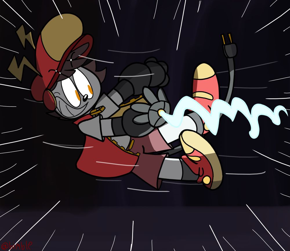 A boy robot is shooting a powerful bolt of electricity from a port on his hand as he's jumping backwards in a city at night. The robot boy is wearing a white shirt, red shorts, a red and yellow hat with two little lightning bolts at the top, equally red and yellow sneakers, and a red jacket with a golden zipper. Speed lines surround him to suggest a dynamic and quick scene, not to mention his power cord tail trailing behind him to suggest motion as well.