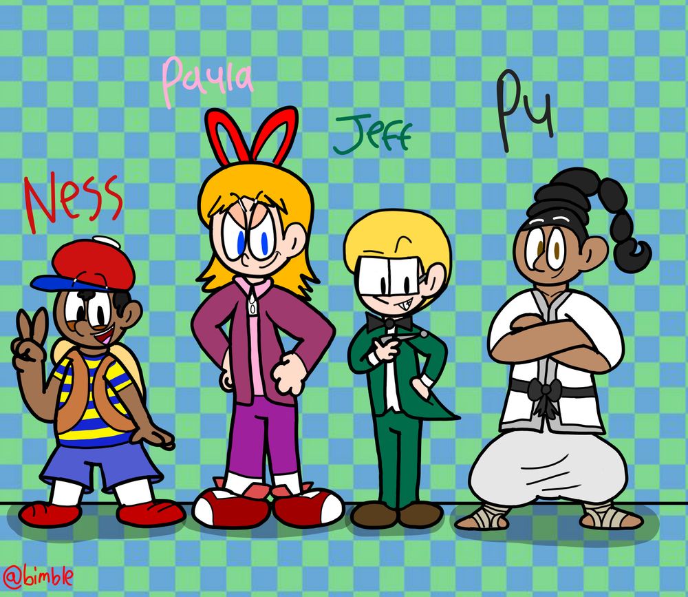 A character lineup of four teenagers against a blue and green checkerboard pattern: Their names are (from left to right) Ness, Paula, Jeff and Pu.
The first one, Ness, is short and fat, and is sporting a red cap with a blue brim, a yellow shirt with blue stripes, a pair of well loved shoes, and a large and dorky looking backpack. 
Paula, is tall with strawberry blond hair that's tied with a red ribbon, and is wearing a purple leather jacket with a pink polo underneath, and a pair of comically large red sneakers.
Jeff has a pair of perfectly square glasses, and is wearing a classy green private school uniform. He's holding a handmade (yes, handmade) and hi-tech looking laser gun in his right hand.
And Pu has his hair tied up in a very ornate topknot, and is wearing a white gi that's tied up with a black belt.