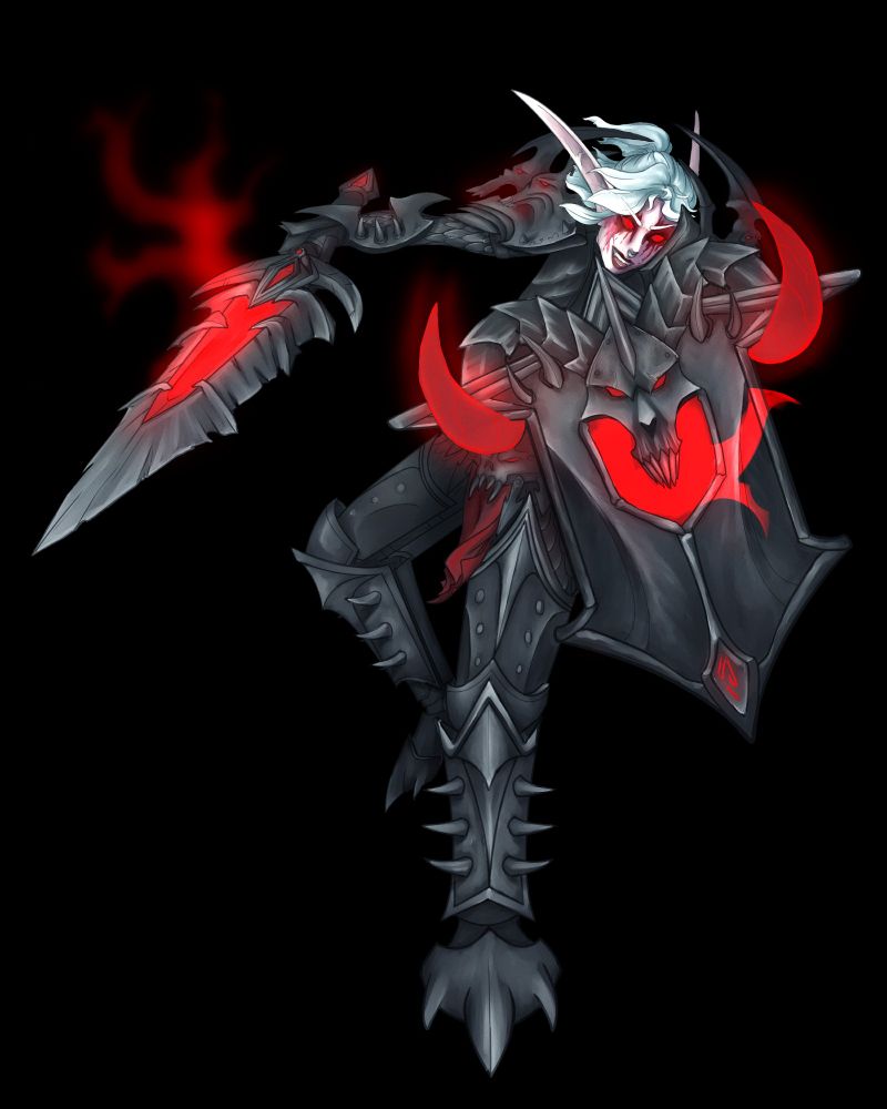 elf with angry sword and shield, black plate armor