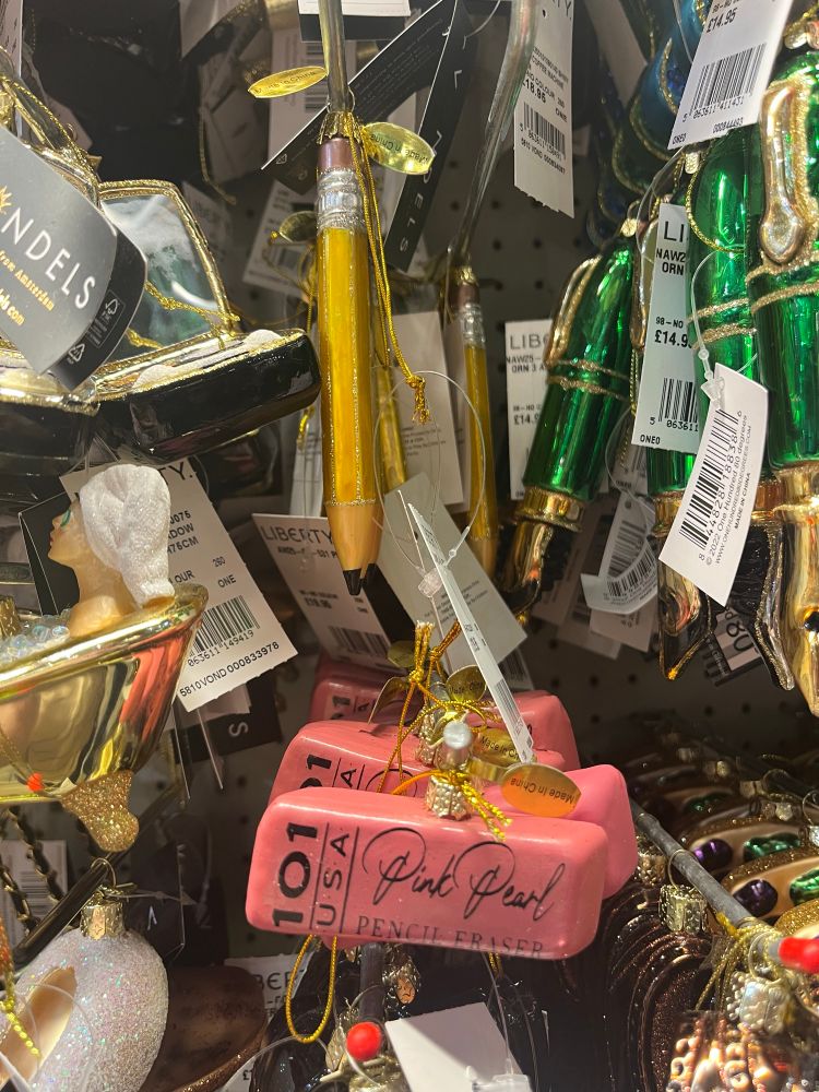 Christmas ornaments shaped like a pencil and a rubber (eraser)