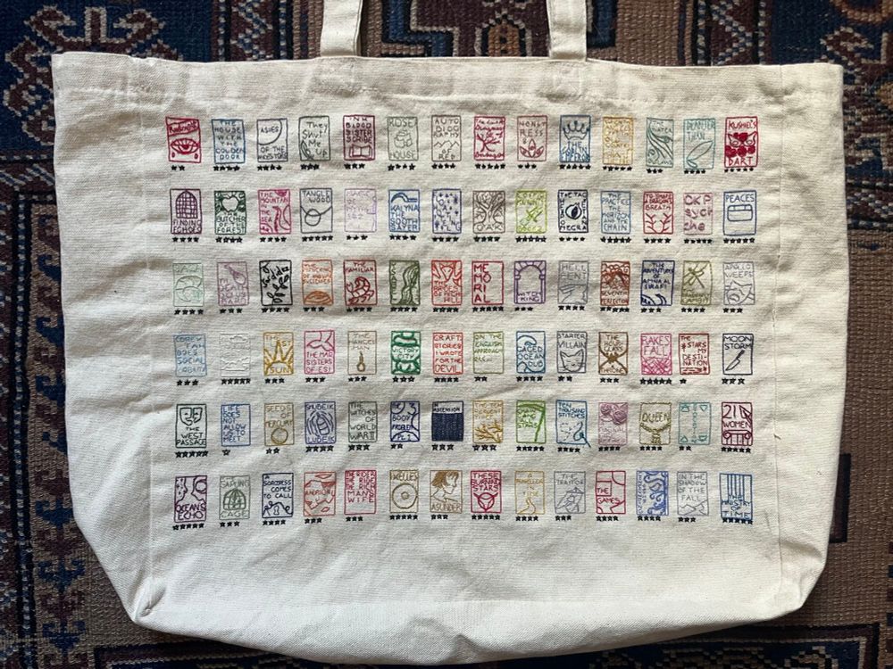 The front of the bag, covered in six rows and fourteen columns of embroidered book covers and their star ratings