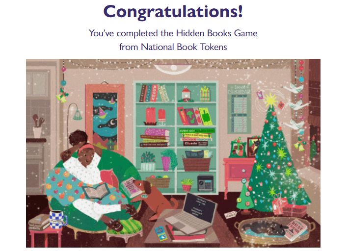 Image of the National Book Tokens hidden book game only with extra sparkles (which were moving but idk how to make gifs) with text above reading "Congratulations! You've completed the Hidden Books Game from National Book Tokens"