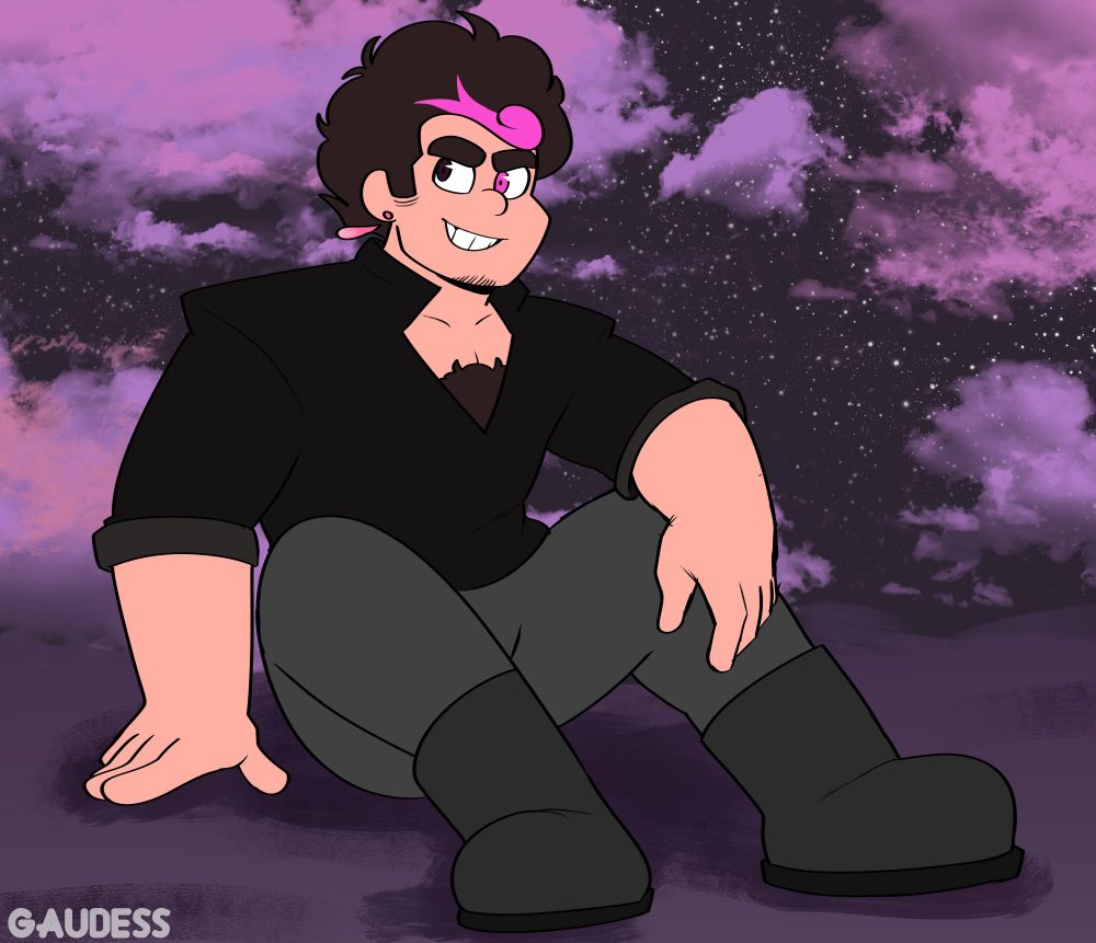 An image of a Steven universe AU where Steven is older, has a pink swirl in his hair and pink earrings. He is wearing a black shirt with gray pants and boots. Behind him is a purple dusky sky with stars.