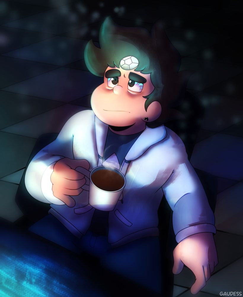 A White Diamond AU version of Steven Universe with a cup of coffee and blue lighting. He is tired.