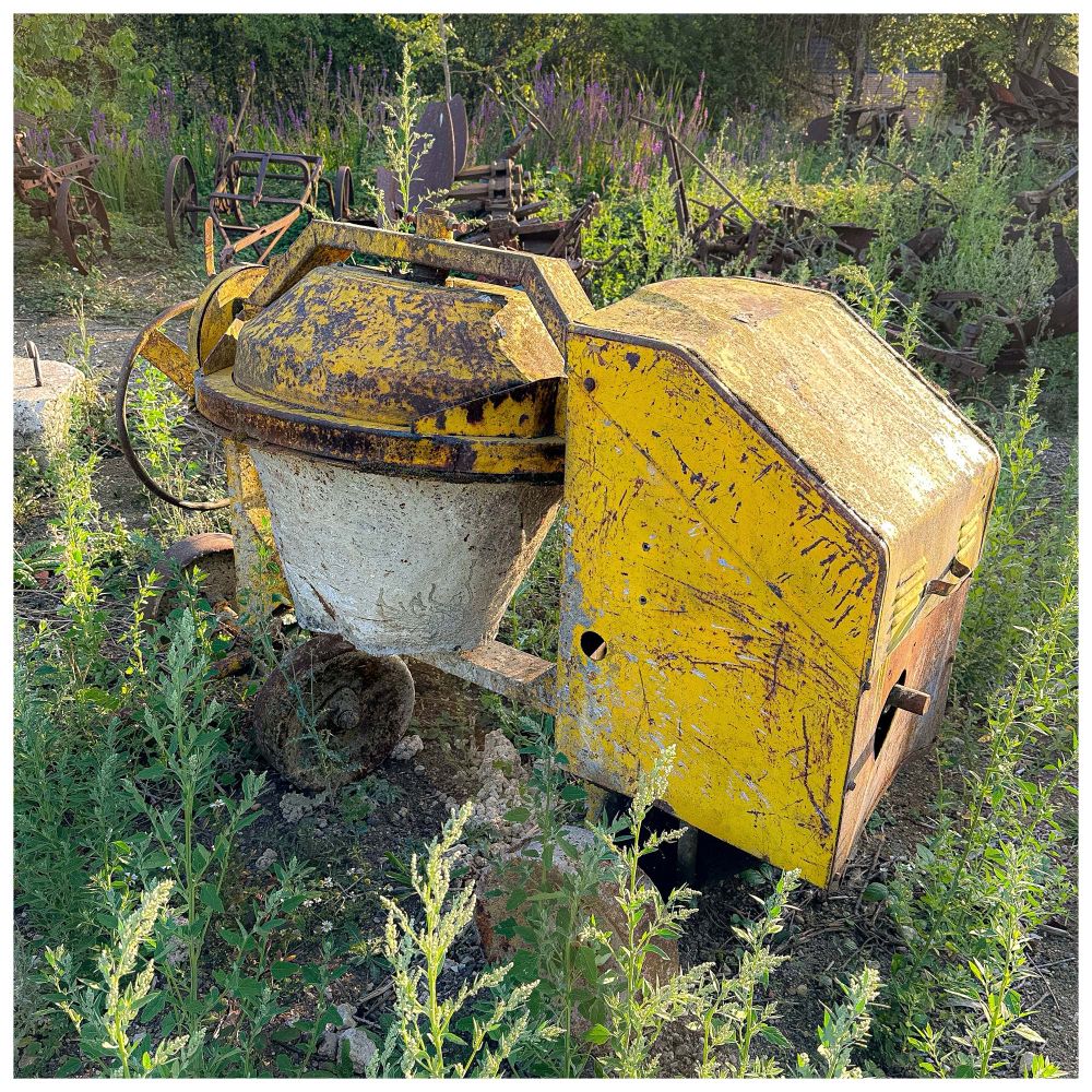 A cement mixer abandoned in weeds. It is an industrial yellow, which is aging into a scratchy scholastic yellow.