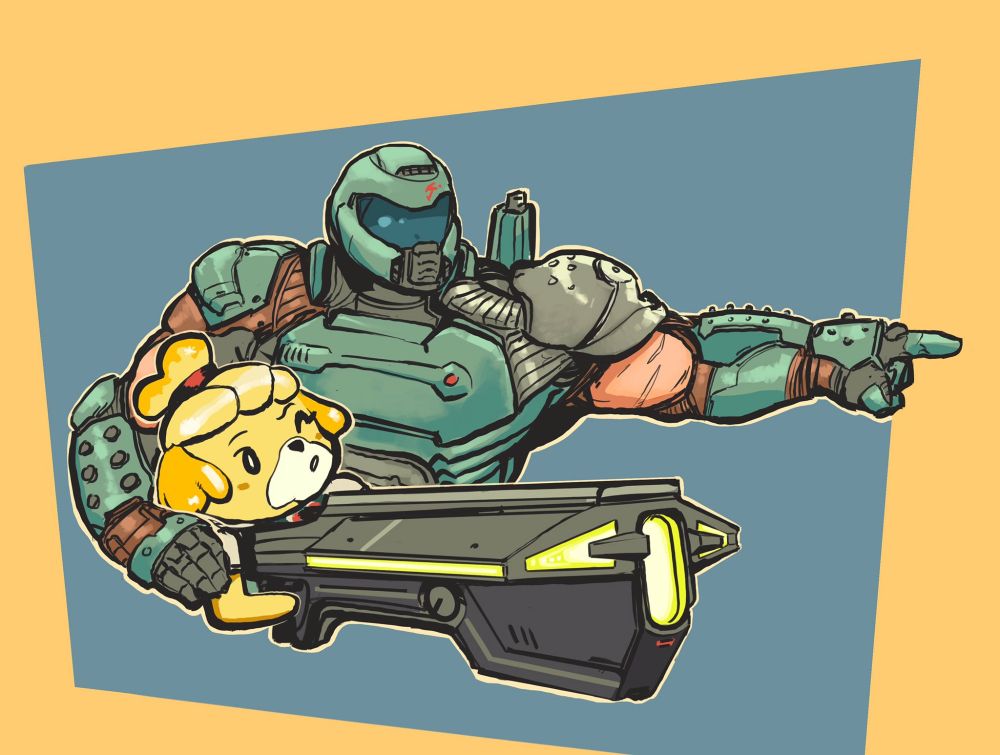 Doomguy (from DOOM) and Isabelle (from Animal Crossing) with Doomguy's gun, the BFG9000. Art by Tungsten Hale @HaleTungsten on Twitter.