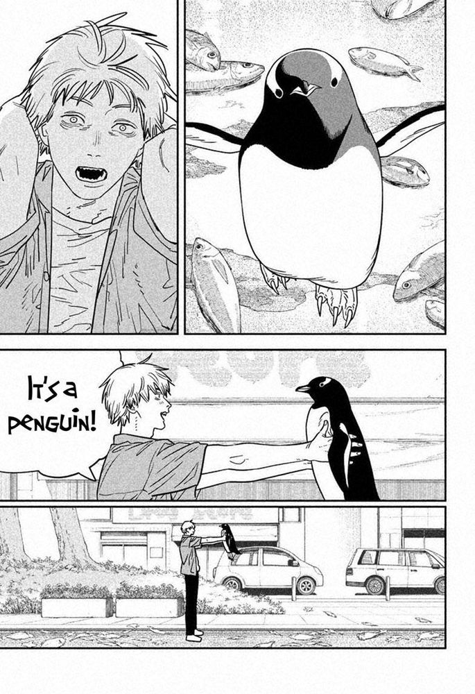 Panels from Chainsaw Man Chapter 117. Denji meets a penguin. He lifts it up and happily exclaims: "It's a penguin!"