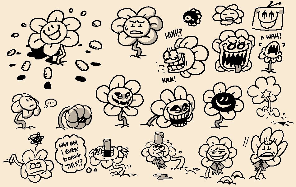 Various doodles of Flowey from Undertale. He's making all sorts of funny faces and trying to carry a full cup of water.