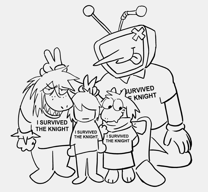 Kris, Susie, Ralsei and Tenna from Deltarune. They're all wearing matching "I Survived The Knight" shirts.

Susie has a smug toothy grin and holds up bunny ears fingers behind Kris's head. Tenna also cheekily holds up bunny ears fingers behind Susie's head. Ralsei is sheepish about being included. Kris is chillin'.