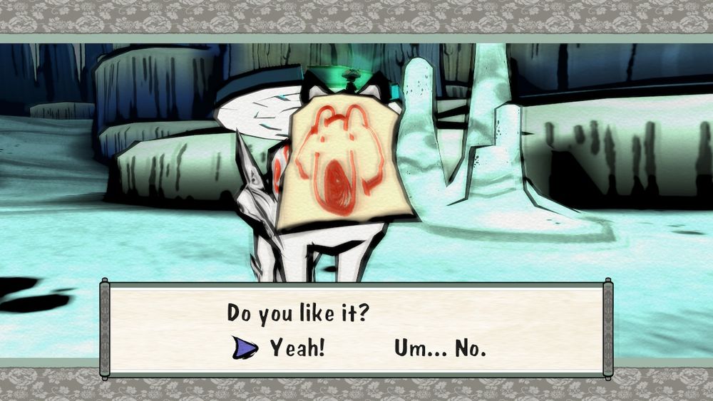 Screenshot of Okami HD on Switch. Amaterasu is wearing a paper mask that Issun drew on. The drawing is a poor rendition of a wolf's face. The dialogue box asks: "Do you like it?"
Answers choices are "Yeah!" and "Um... No."