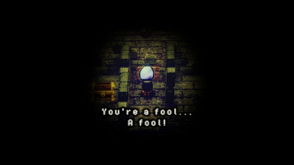 The protagonist of Stray Children is reading the front of a wooden sign. It says: "You're a fool... A fool!"
