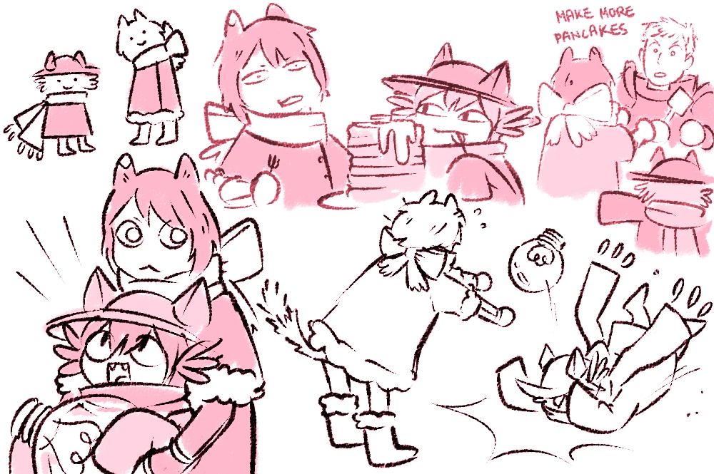 Various drawings of Niko and Izutsumi being buddies. They're hanging out, eating pancakes and asking Laios to make more pancakes. There's also one where Niko trips and Izutsumi gets worried and has to catch the Sun before it hits the ground.