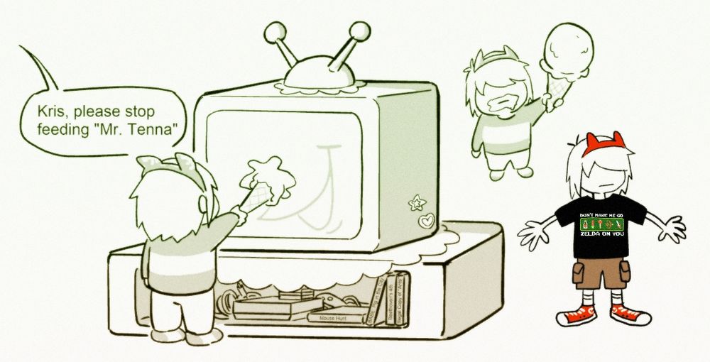 Doodle of a young Kris shoving ice cream against a smiling TV screen. The ice cream cone looks like Tenna's pointy nose. Someone off-screen admonishes them: "Kris, please stop feeding 'Mr. Tenna'"

On the side are more doodles of young Kris holding ice cream and a slightly older Kris wearing a "Don't Make Me Go Zelda On You" shirt and brown cargo shorts.