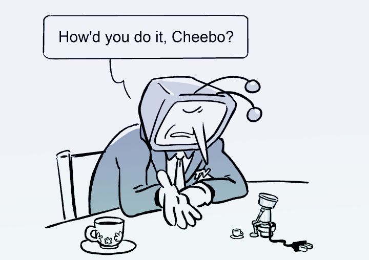 Tenna from Deltarune having tea time with Chibi-Robo. Tenna forlornly asks for advice: "How'd you do it, Cheebo?"